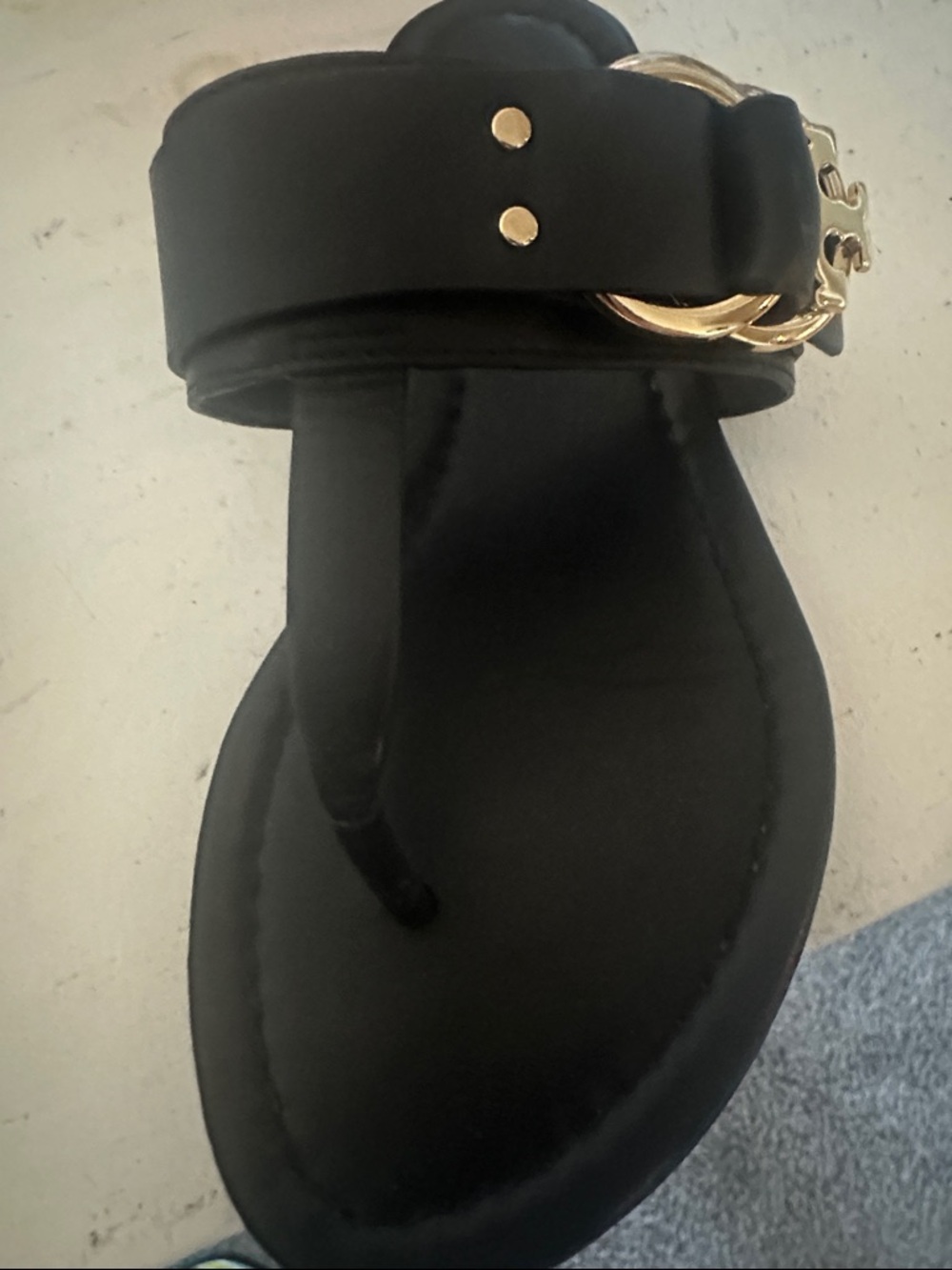 Tory Burch Black Leather Ankle-Strap Thong Sandals with Gold Chain